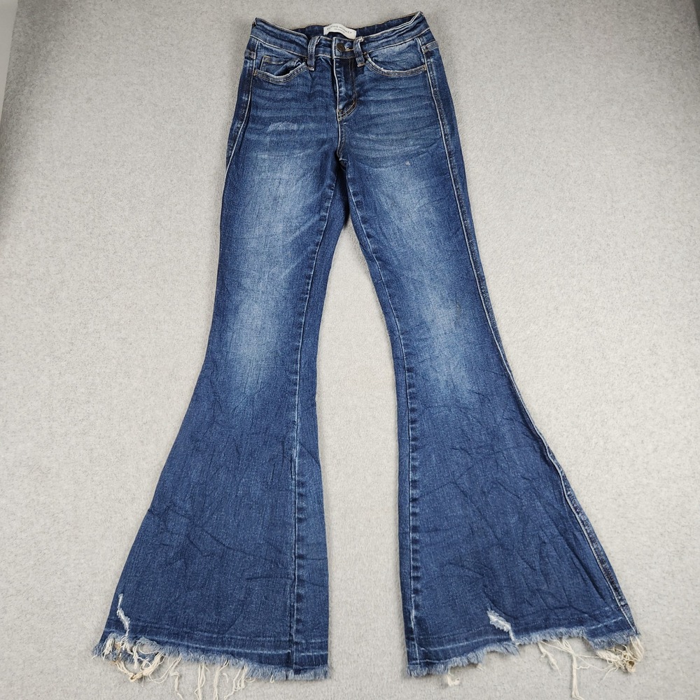 Flying Monkey Flare Jeans Women W22 Blue Denim Whiskered Super High Rise Raw Hem